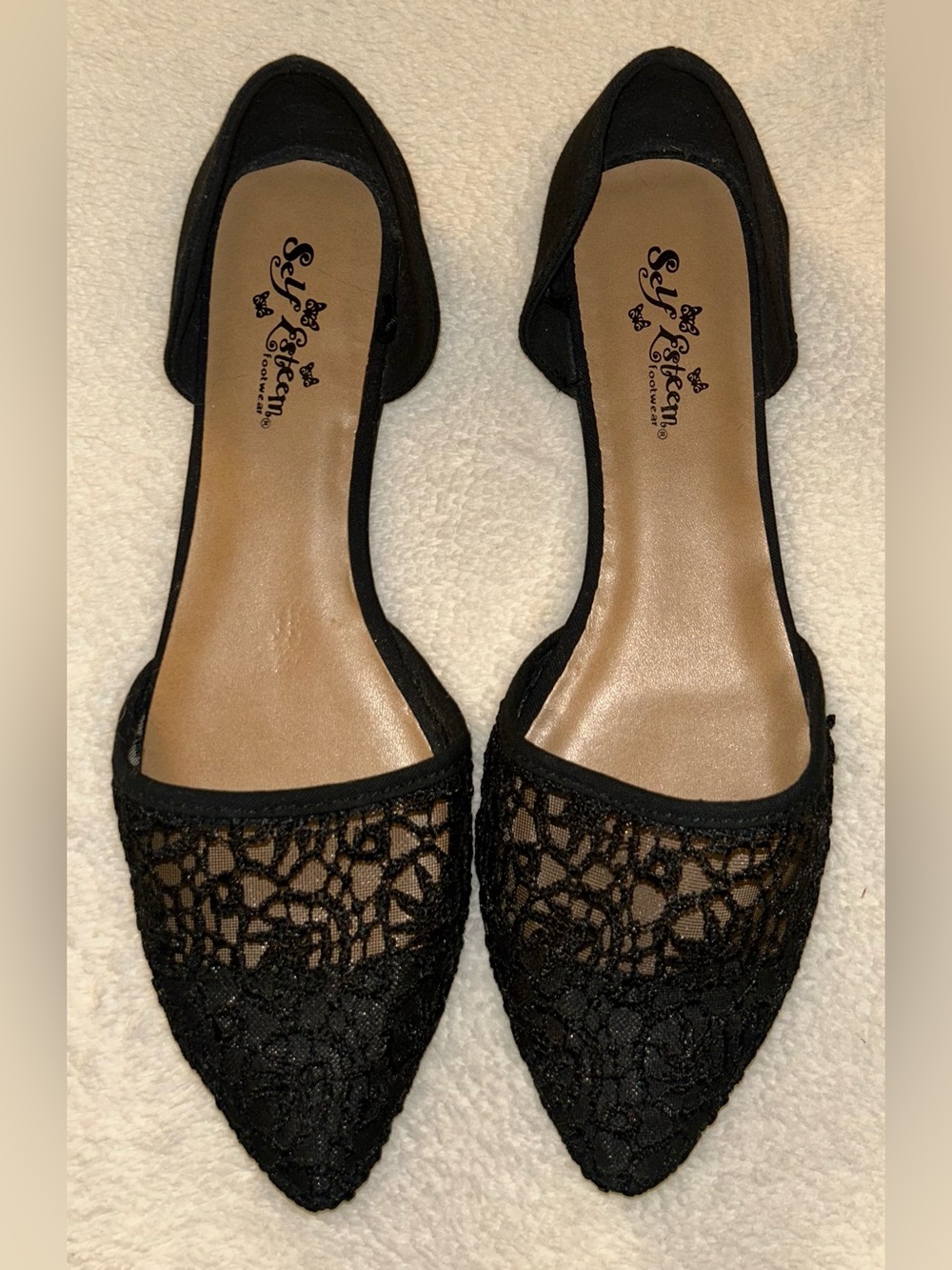 Self Esteem Black Lace Pointed D'Orsay Flats